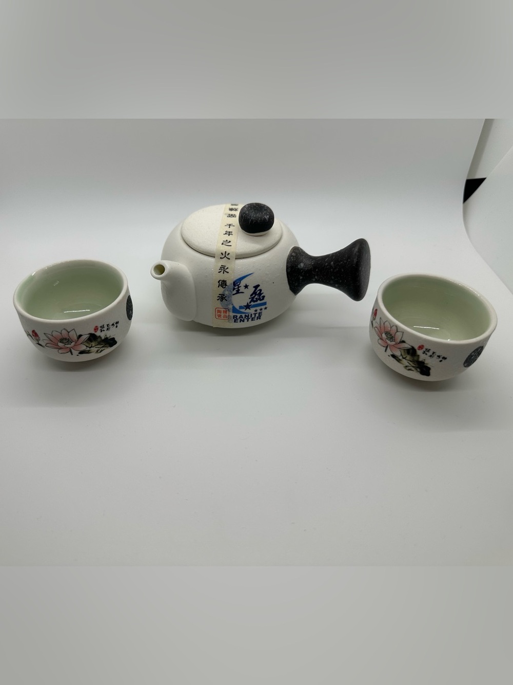Painted Lotus Porcelain Teapot and Cups - White and Pink